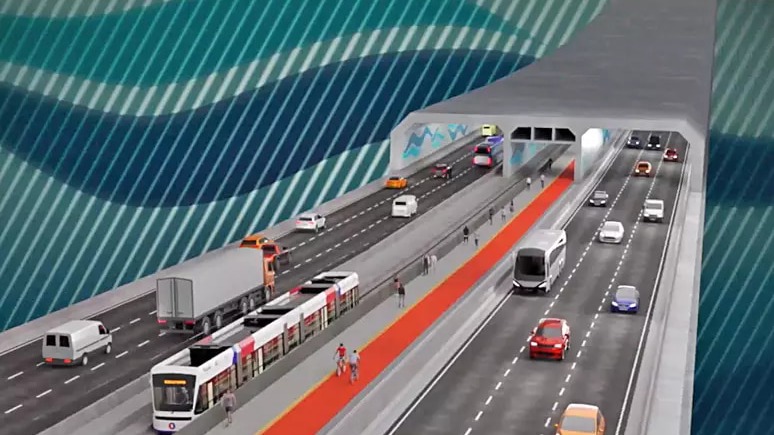 A representa&ccedil;&atilde;o art&iacute;stica ilustra o projeto do t&uacute;nel imerso Santos-Guaruj&aacute;, com integra&ccedil;&atilde;o de ve&iacute;culos, VLT, ciclovia e cal&ccedil;adas para pedestres -  (crédito: Divulga&ccedil;&atilde;o/Governo de S&atilde;o Paulo)