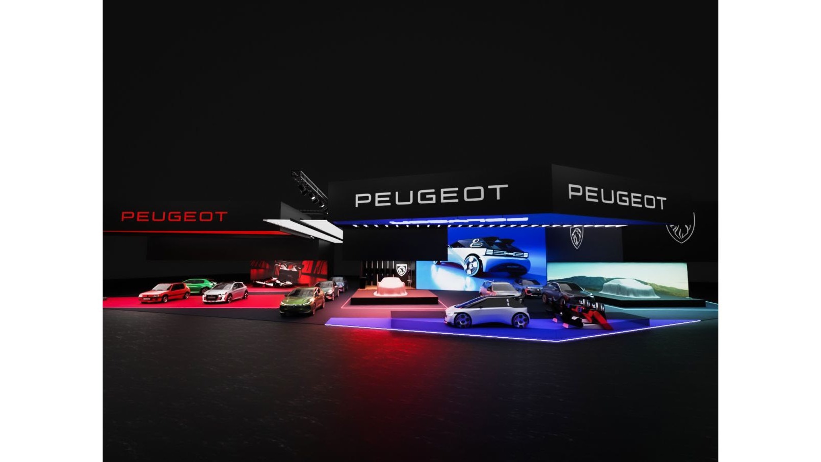 A imagem do estande conceitual da Peugeot, com ilumina&ccedil;&atilde;o vibrante e carros em exposi&ccedil;&atilde;o, ilustra a nova proposta da marca para eventos como o Sal&atilde;o de Paris 2026. -  (crédito: Divulga&ccedil;&atilde;o)