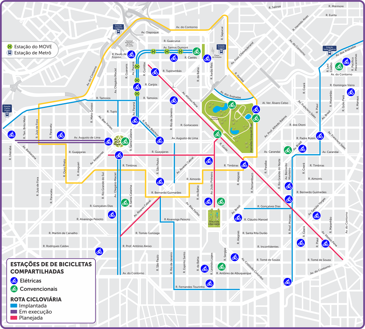 Mapa da malha cicloviária e pontos de bicicletas elétricas compartilhadas na região central de Belo Horizonte