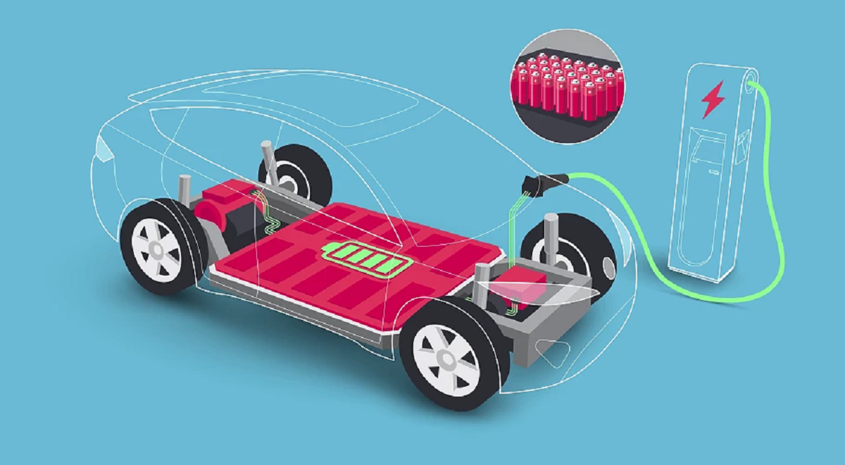 Ilustração do sistema de bateria e carregamento de um carro elétrico