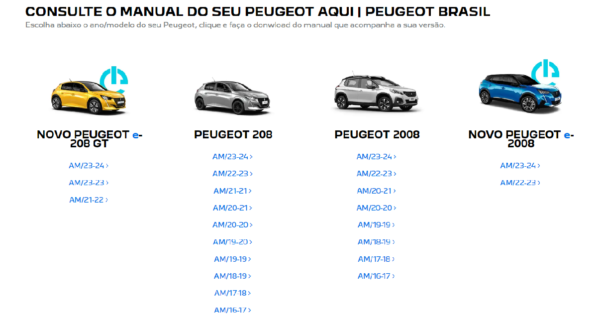 A Peugeot já disponibiliza de cara os manuais correspondentes às diferentes versões de seus modelos